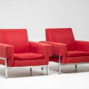 Red Kiushu armchairs by Saporiti characteristic of mid-20th century Italian modern design.