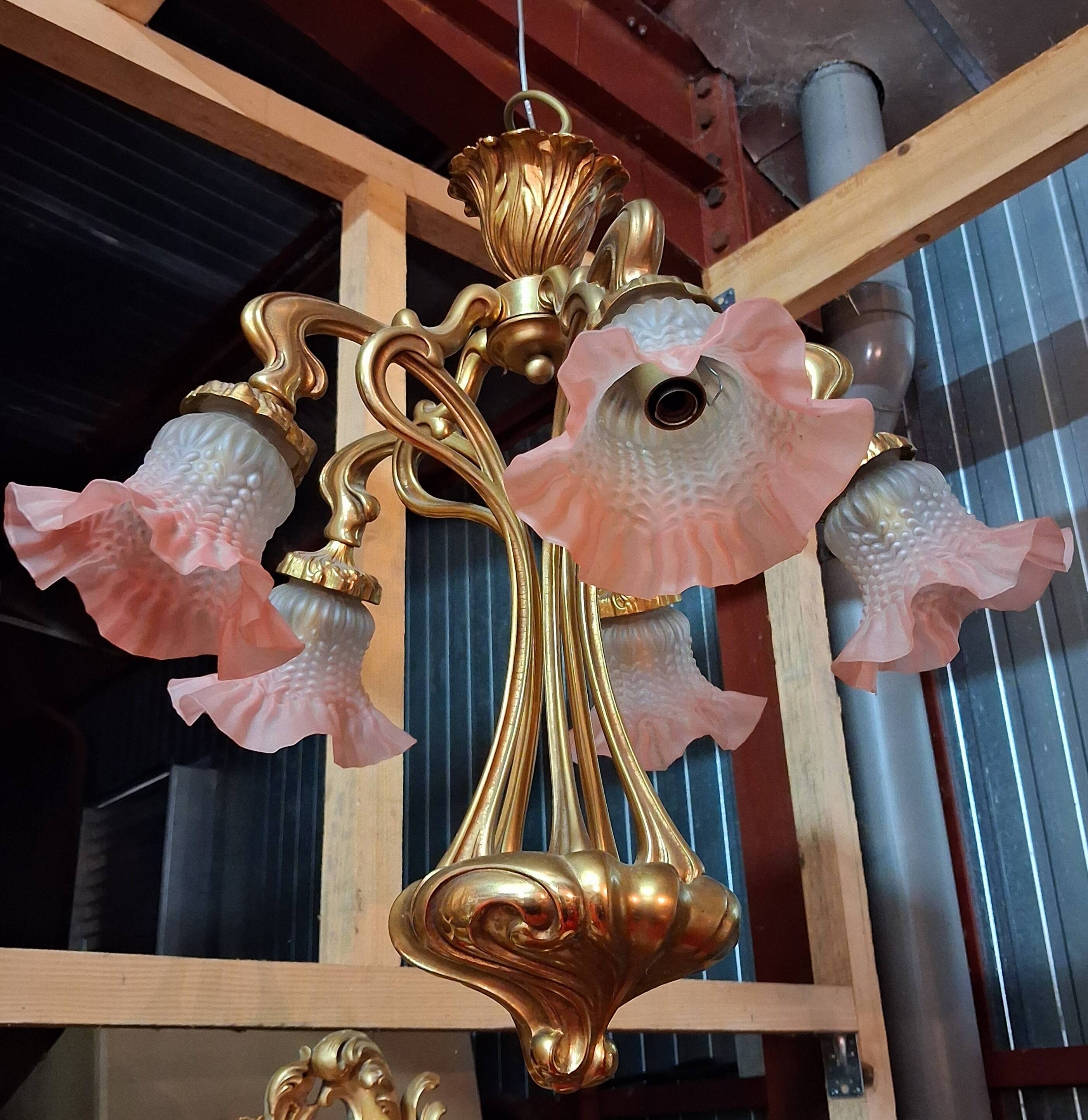 Art Nouveau bronze chandelier with five lights / Nancy school style