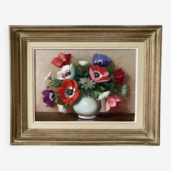 Painting painted in oil on canvas representing a bouquet of flowers signed Surgeon