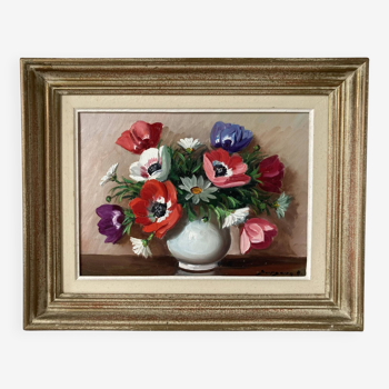 Tableau peint à l’huile sur toile représentant un bouquet de fleurs signé Surgeon