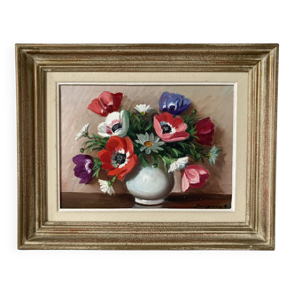 Tableau peint à l’huile sur toile représentant un bouquet de fleurs signé Surgeon