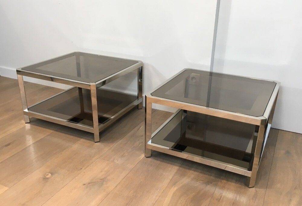Pair of octagonal chrome side tables with tinted glass tops
