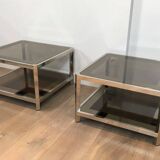 Pair of octagonal chrome side tables with tinted glass tops