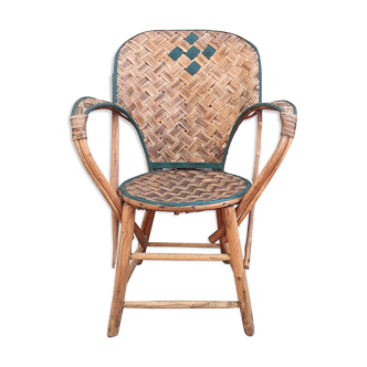 Vintage armchair in braided chestnut leaves, 1940s