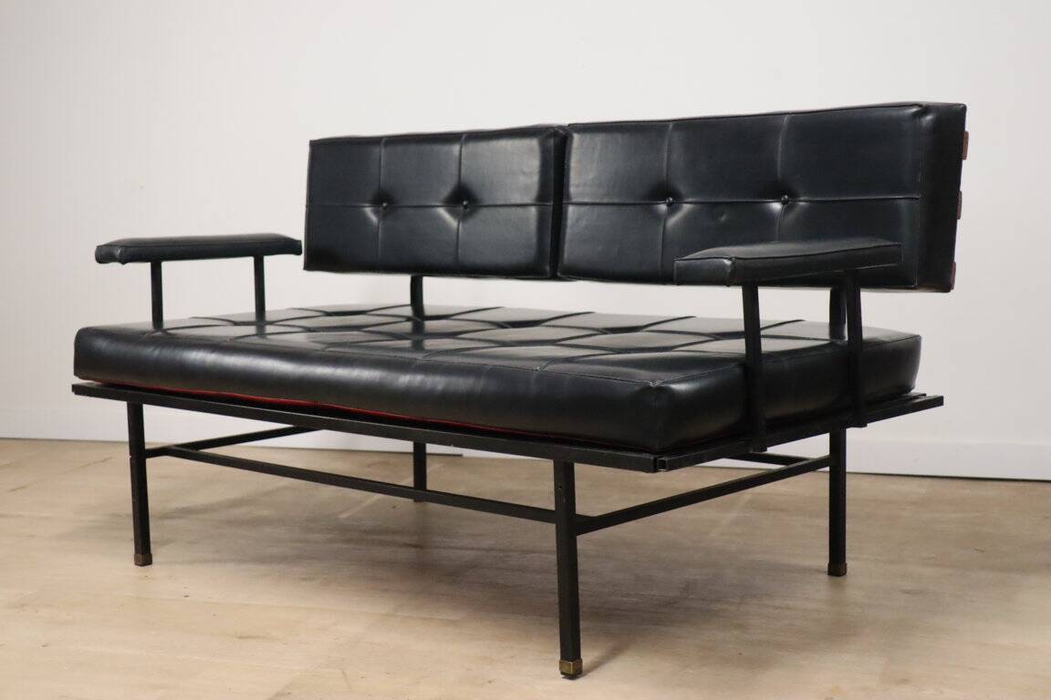 Vintage "Daybed" sofa bench in metal and imitation leather, 1950