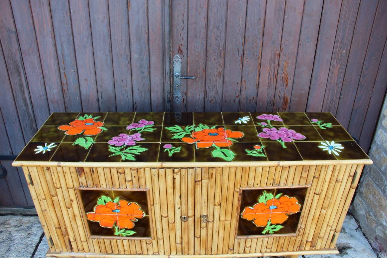 Vintage bamboo and rattan sideboard in the style of Audoux Minet.