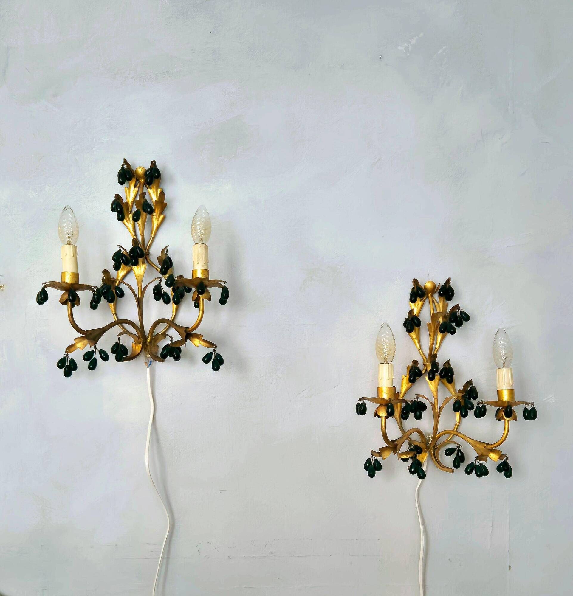 Lights, gold metal with green glass drops, Italy mid-1900s Regency.