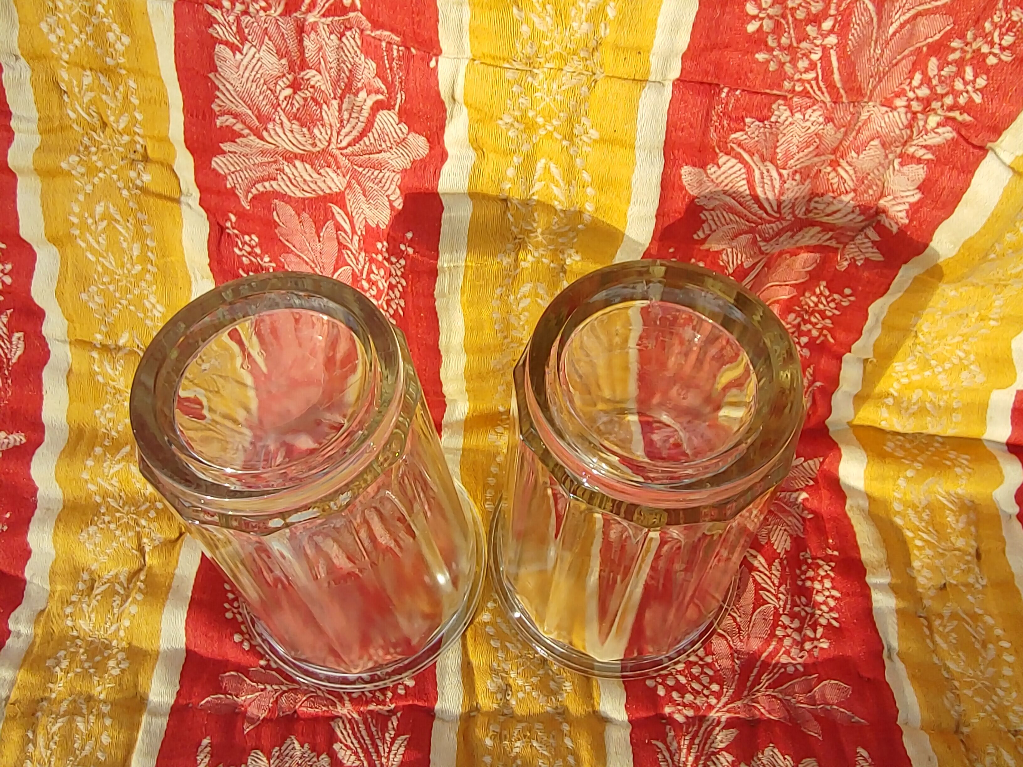 2 antique glass jam jars with ribs