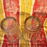 2 antique glass jam jars with ribs