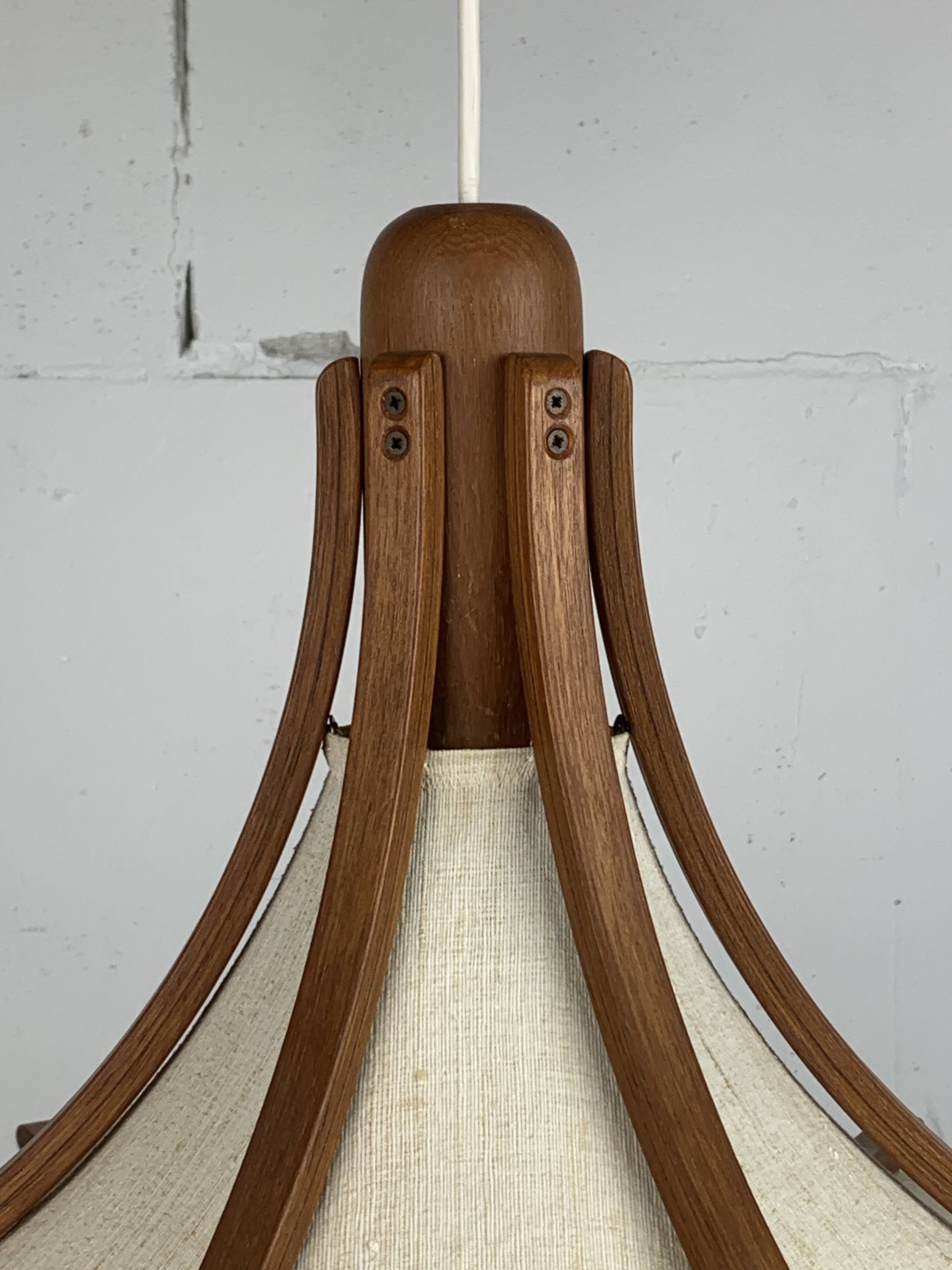Teak and linen umbrella pendant hanging lamp by Domus, 1970s
