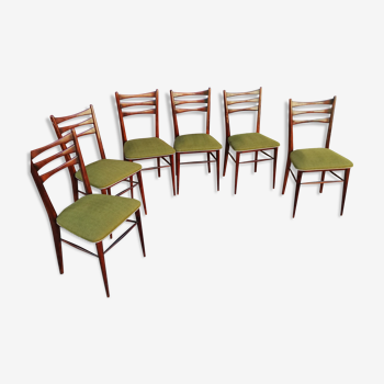 Set of 6 vintage chairs wood and green fabric