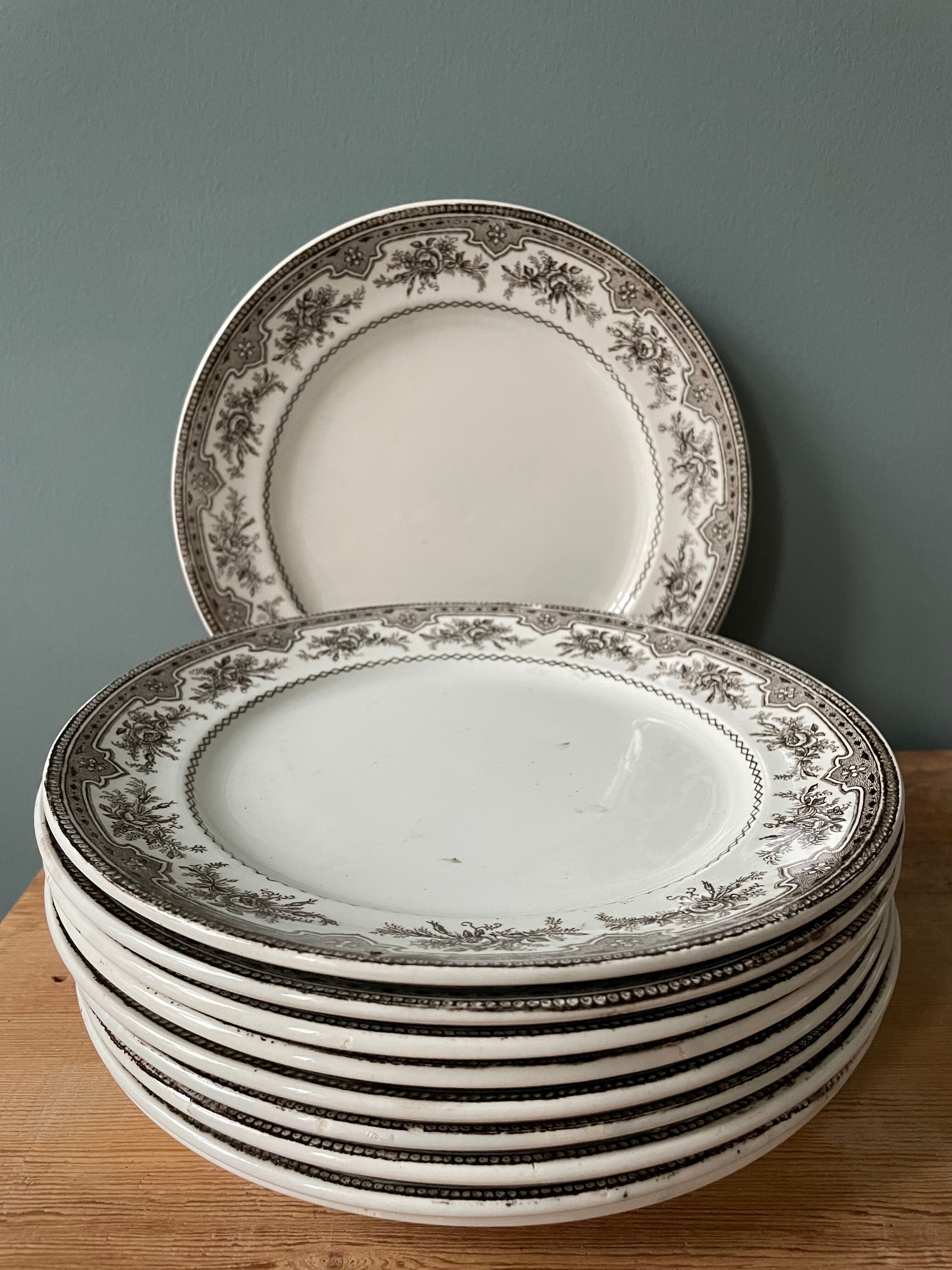 Set of 10 flat plates Terre de Fer Faïence d'Onnaing, model Roses-Mousses