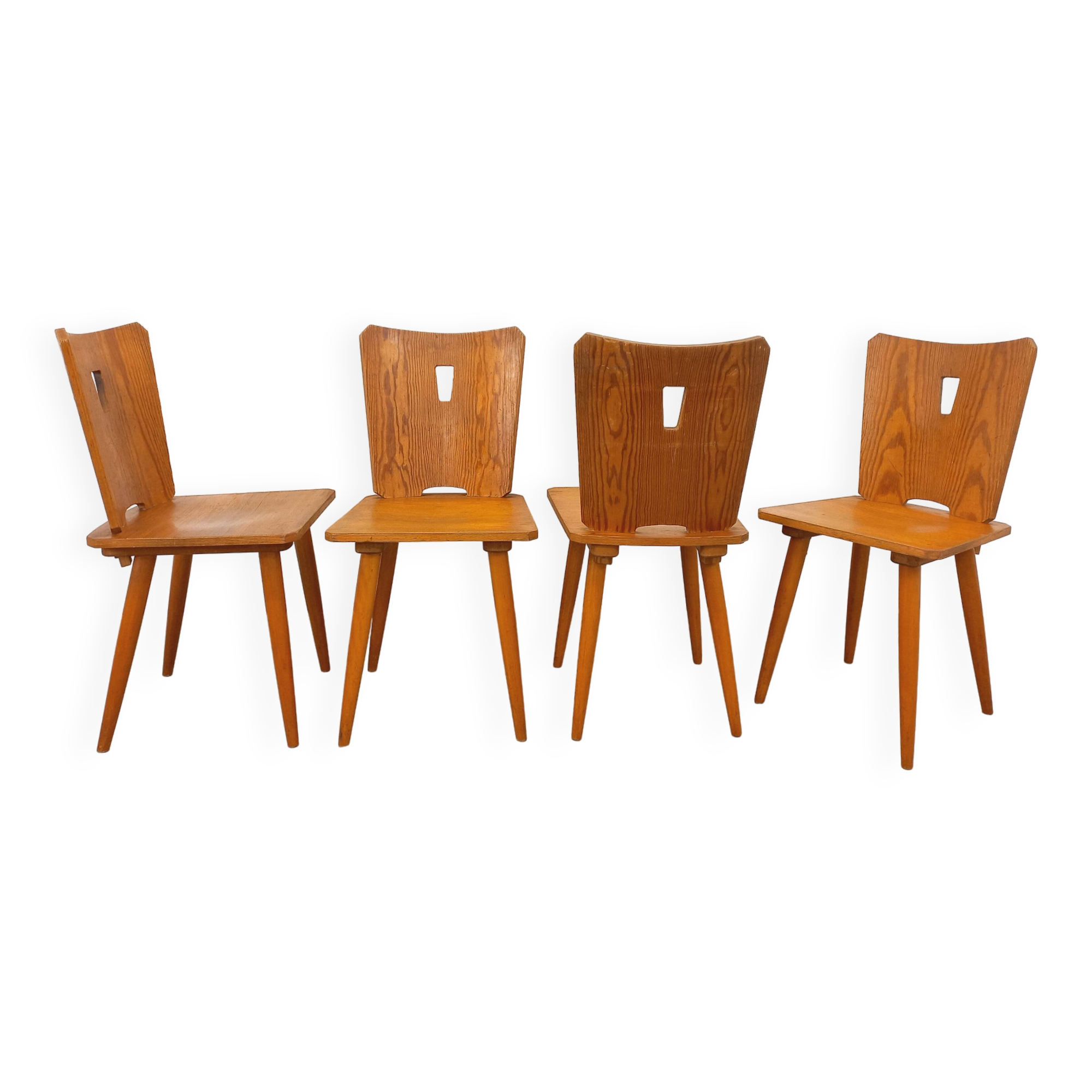 Set of 4 vintage brutalist wooden chairs from the 60s