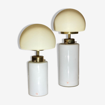 Pair of frosted mushroom shade table or desk lamps by odreco belysing, denmark, 1970s