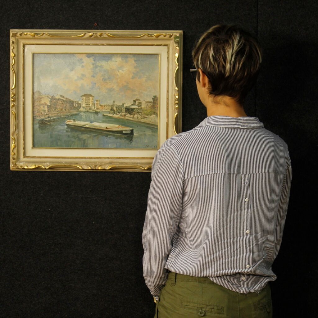 Italian signed landscape painting view of river with boats