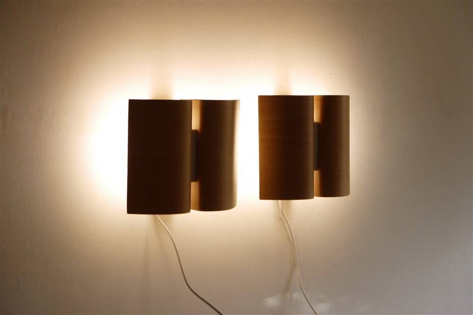 Pair of Scandinavian wooden wall lights 1970