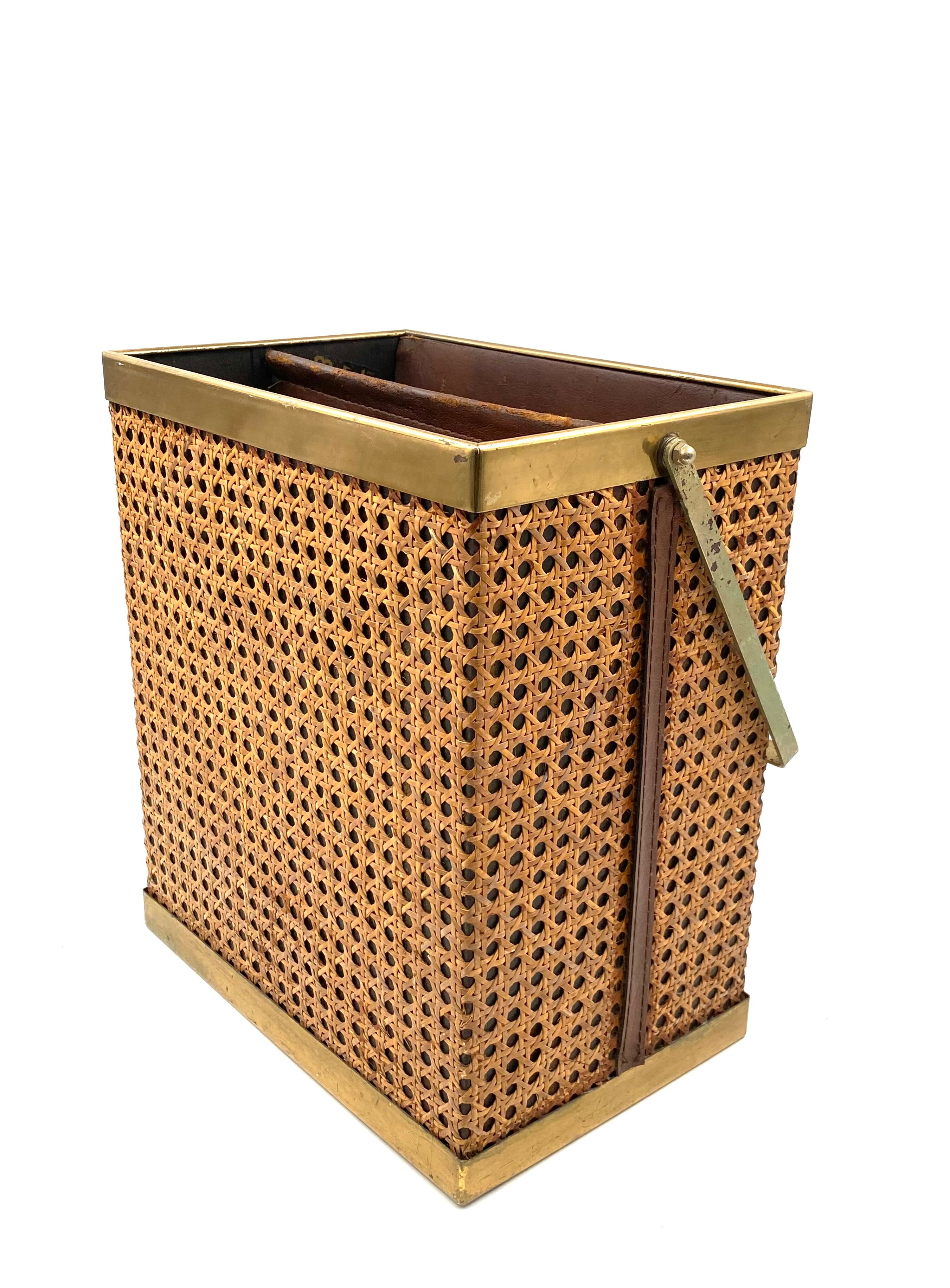 Hollywood regency brass and Vienna straw magazine rack,  Italy 1970