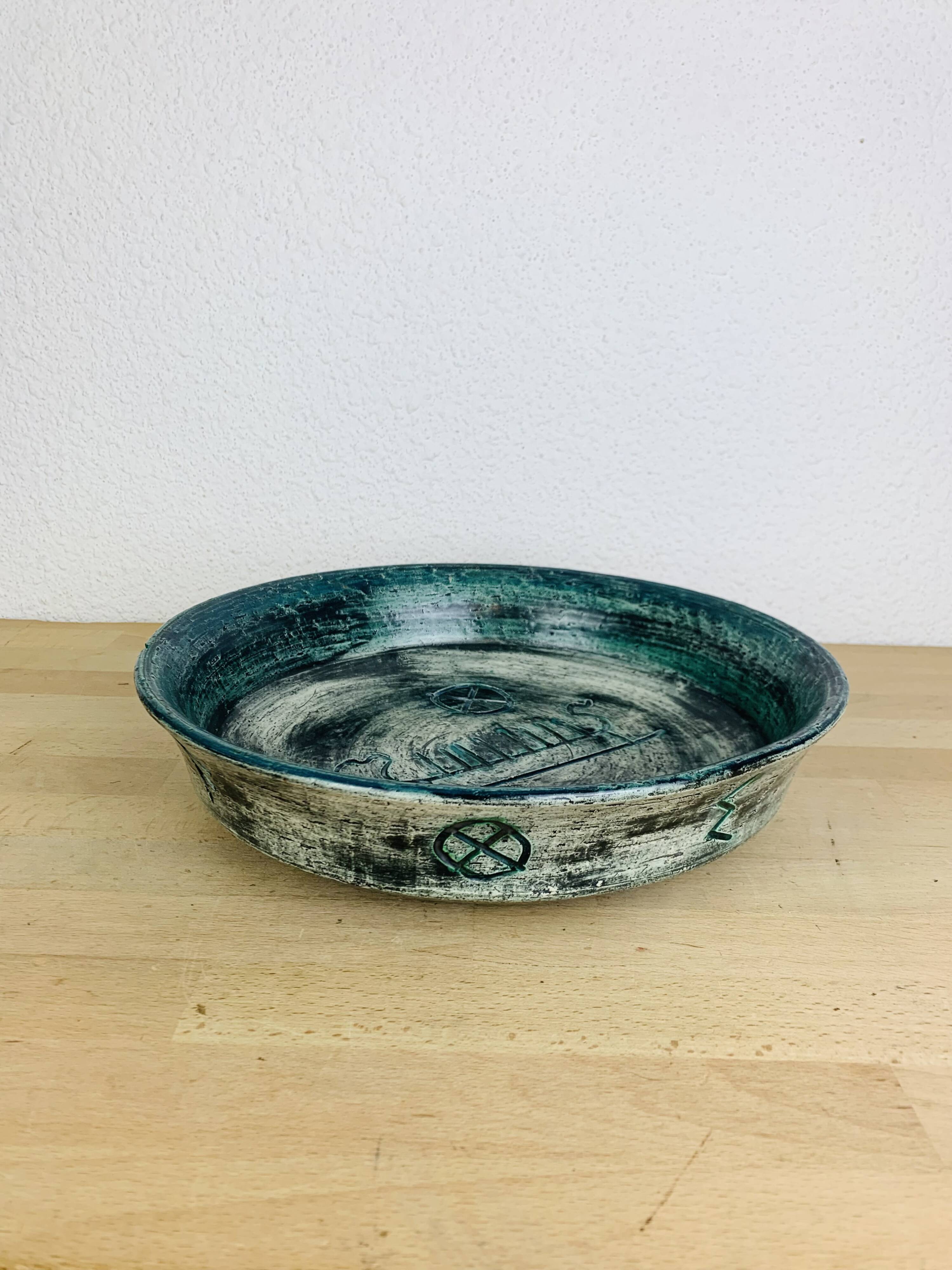 Round blue ceramic dish signed Arol Norway