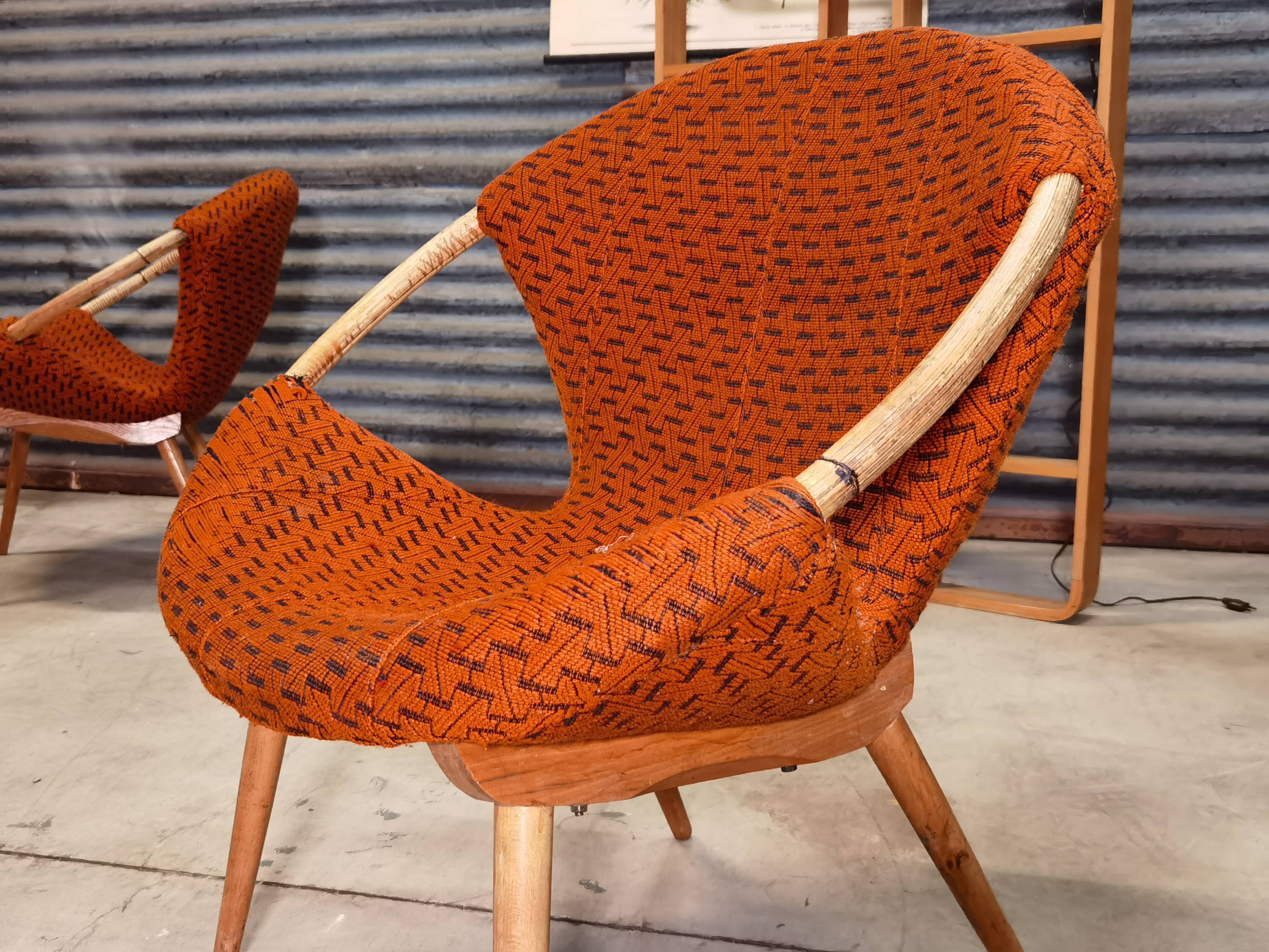 Czechoslovak shell armchair rattan wood fabric