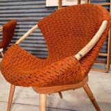 Czechoslovak shell armchair rattan wood fabric