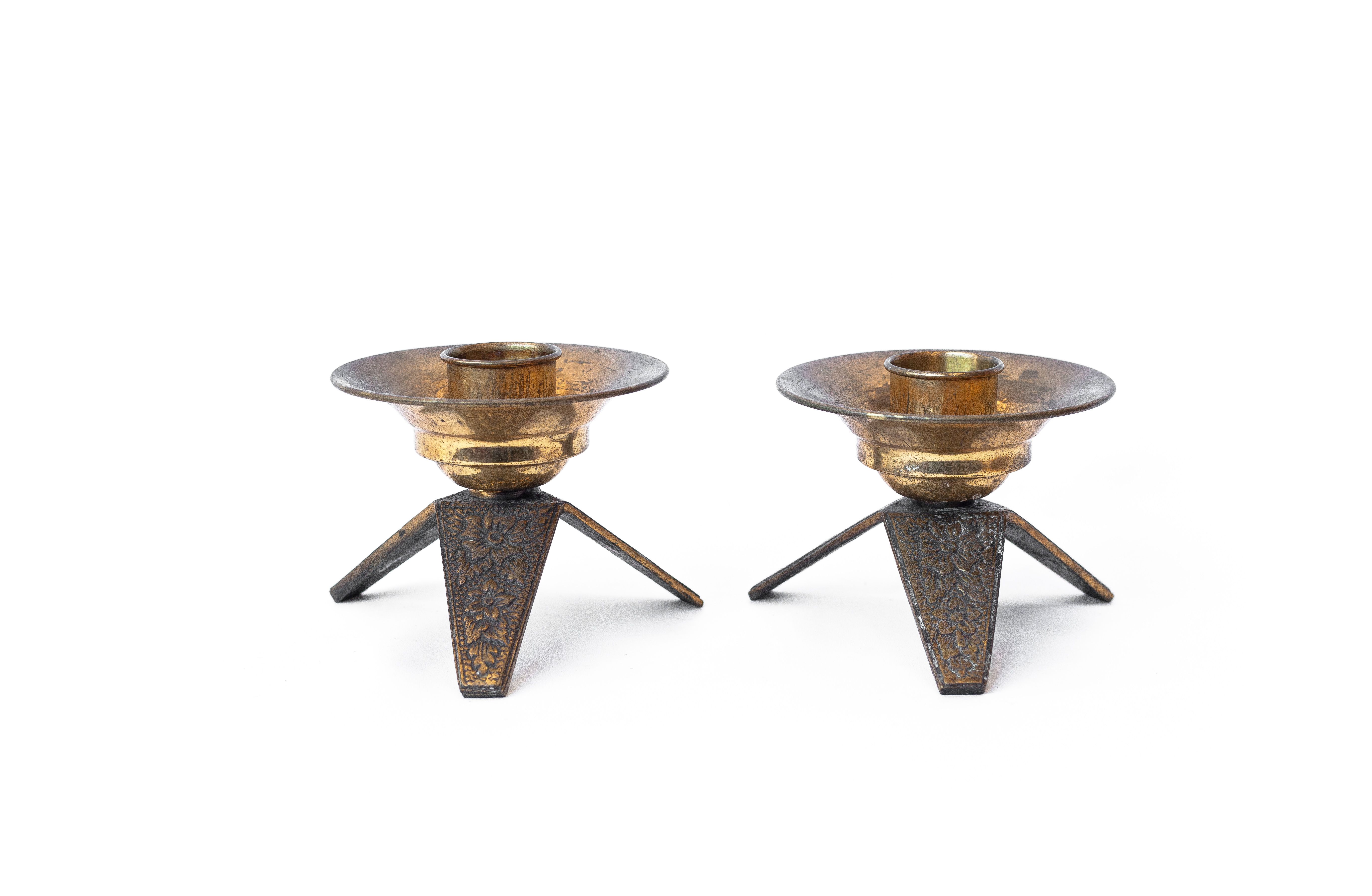 Pair of vintage candle holders, brass candle holders, candle holders, tripod legs, candelabra, floral pattern