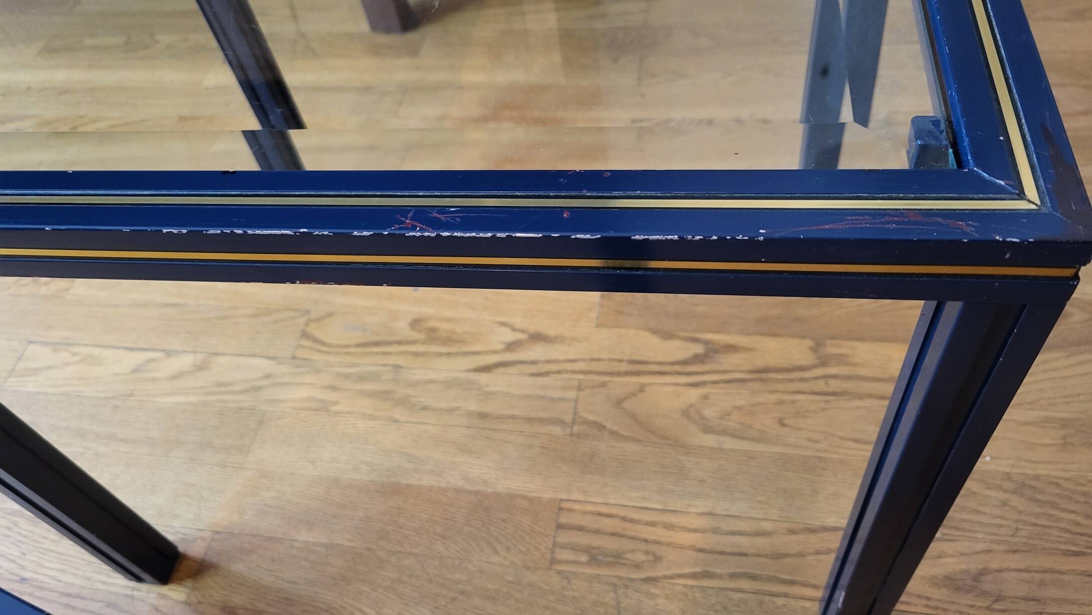 Set of 3 Pierre Vandel nesting tables in blue lacquered metal and glass top, French 1970 Vintage