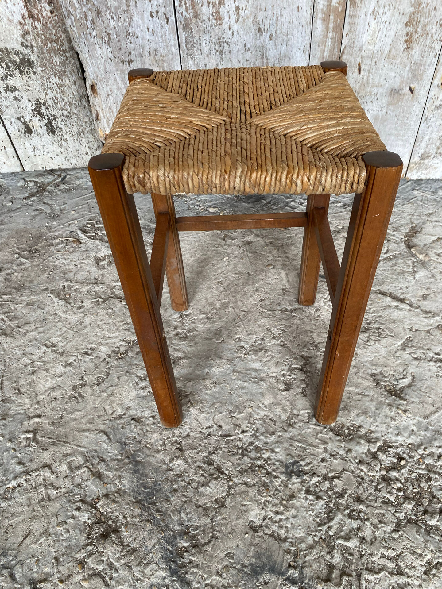 Antique Carved Wood Stool + Vintage Straw Seat #E099