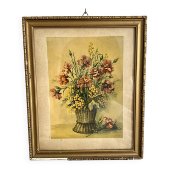 Golden frame and old engraving bouquet of flowers