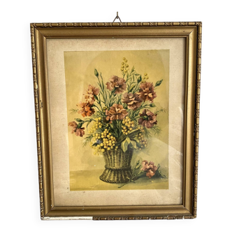 Cadre doré et gravure ancienne bouquet de fleurs