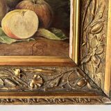 Huile sur toile d'une nature morte aux pommes 1910, tableau ancien encadré