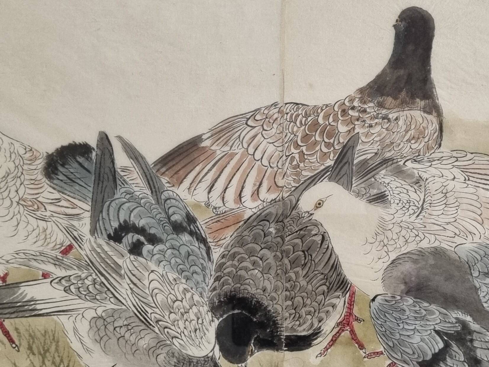Ancient Japanese watercolour The Wood of Pigeons signed circa 1900 42x48 cm