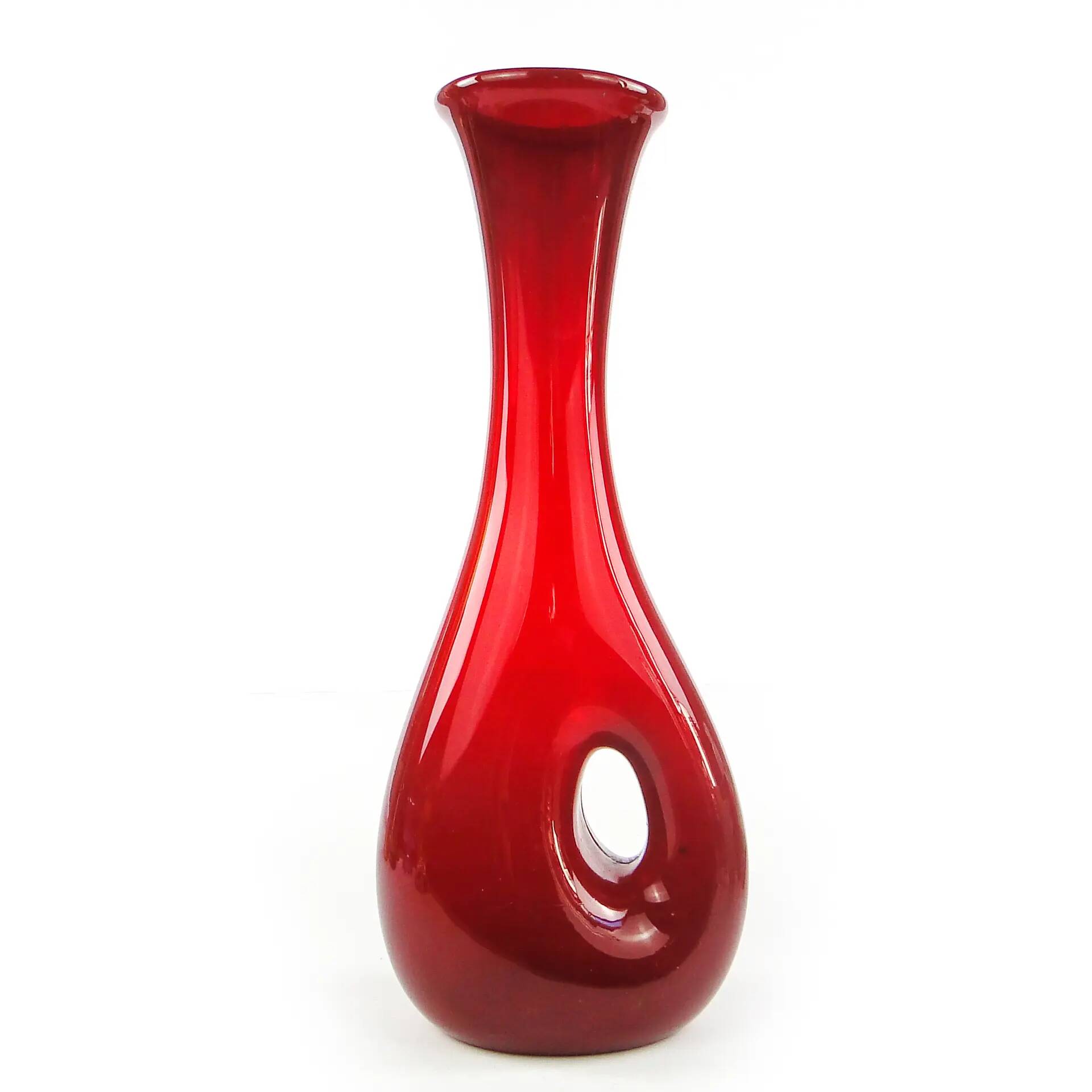 Mid-century modern vase, red glass, Poland, 1970s