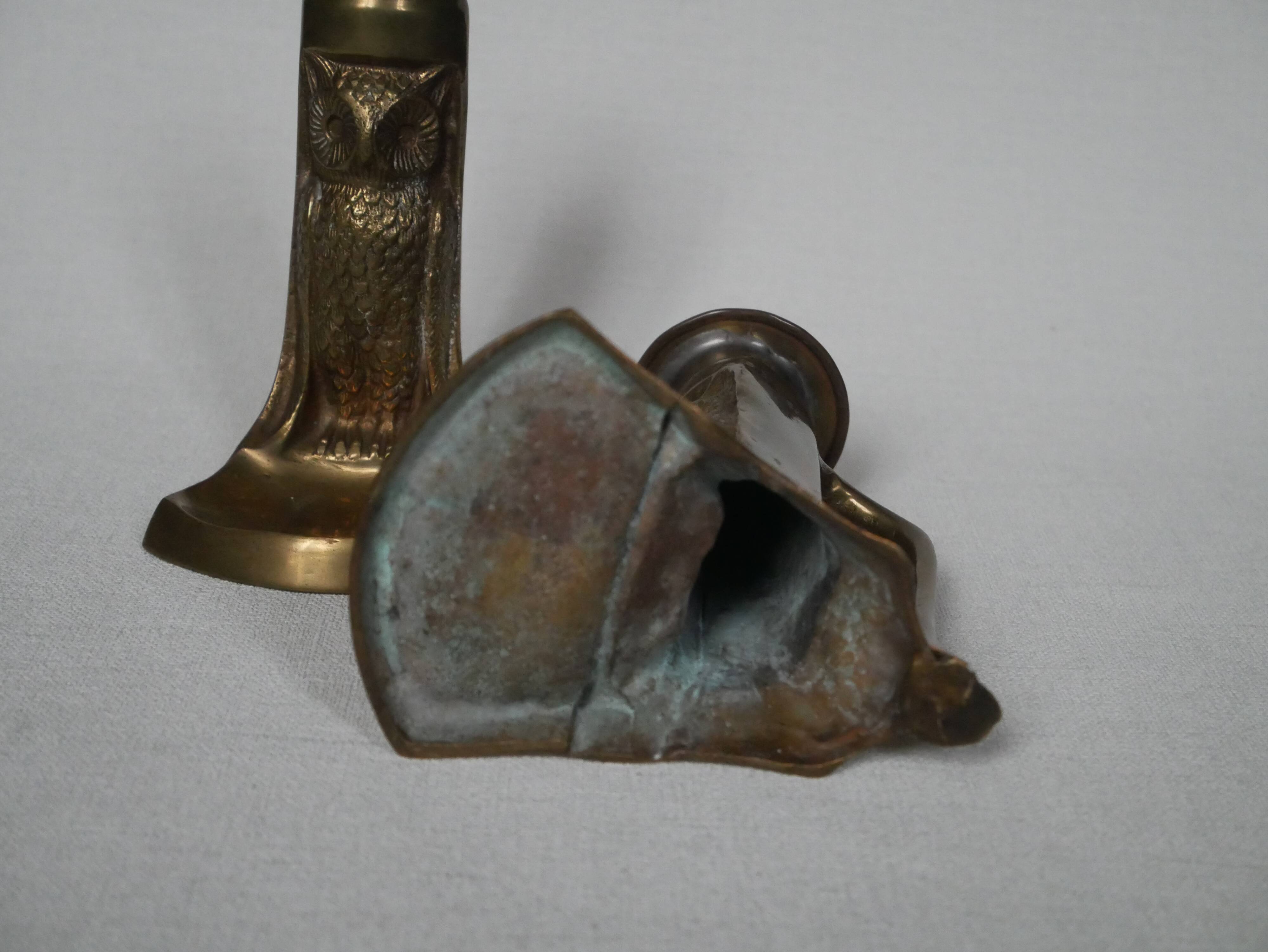 Pair of brass candlesticks candelabra art deco owls country decoration old gilded metal