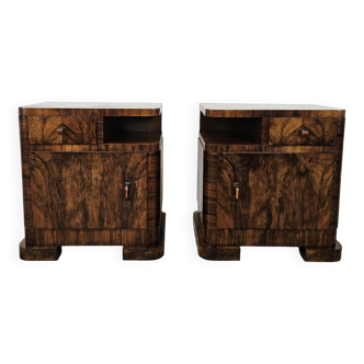 Art Decò Linear and Geometric Bedside Tables in Walnut