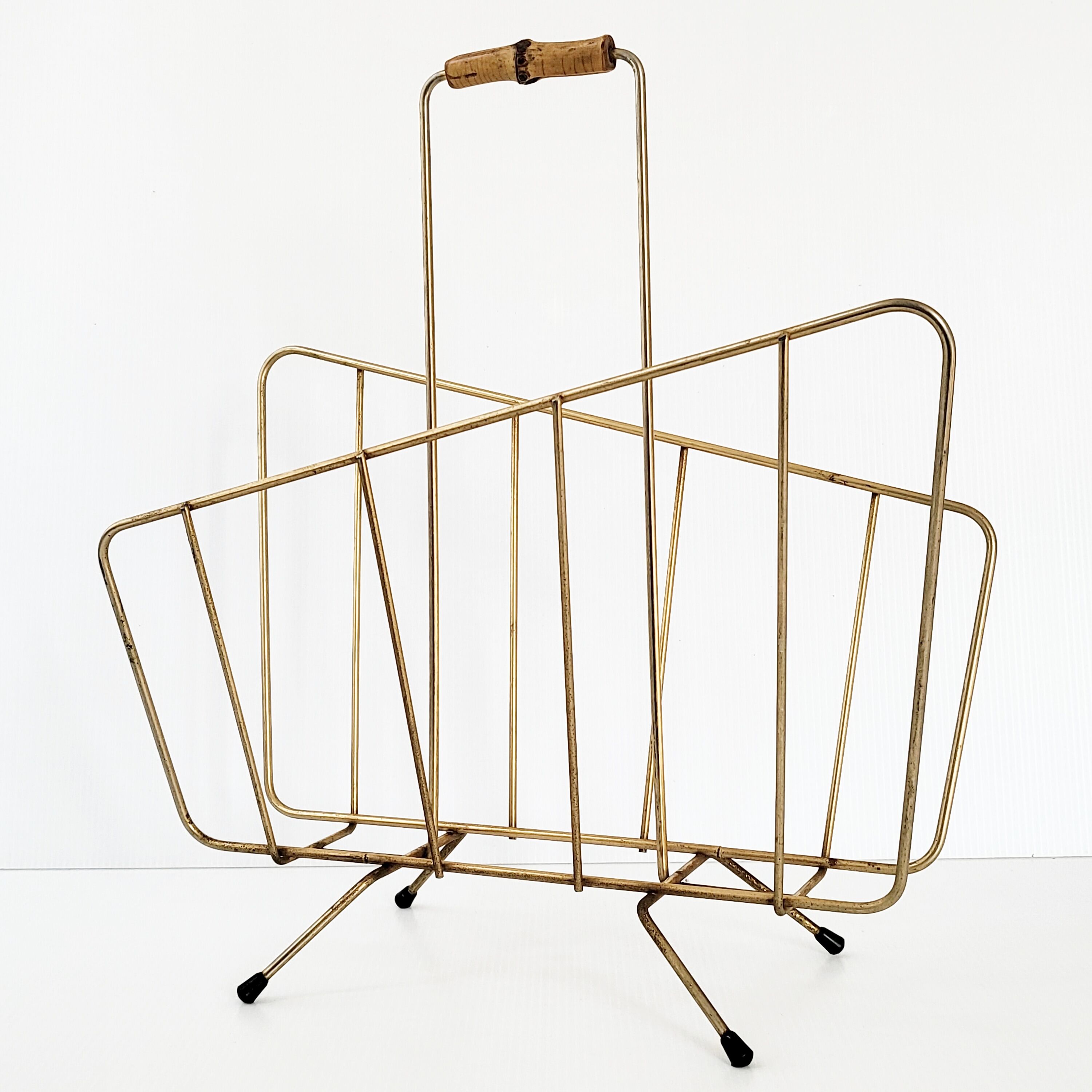 Porte-revues vintage 1950 en laiton & bambou