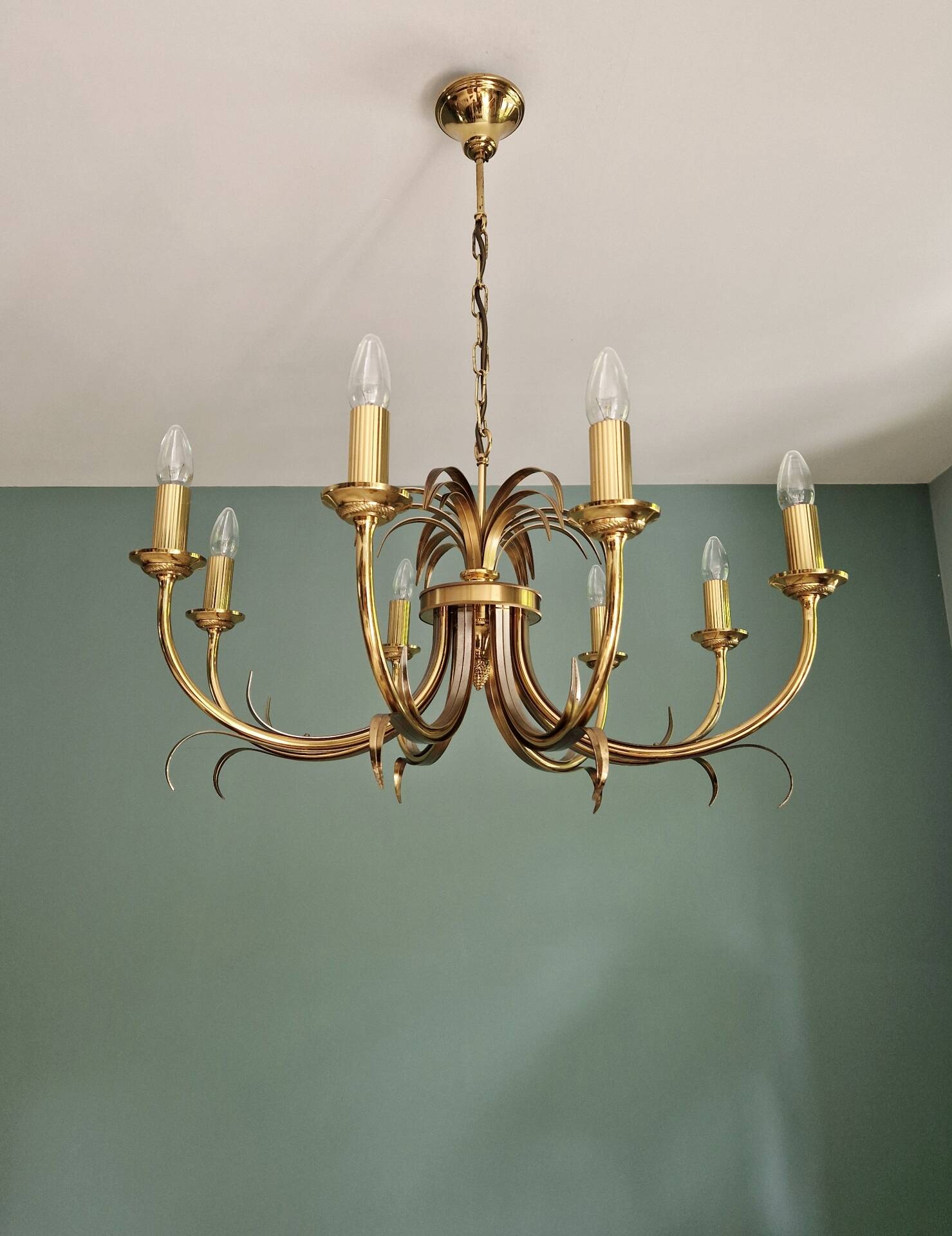 Brass chandelier, pineapple leaf decoration, Boulanger, 1970