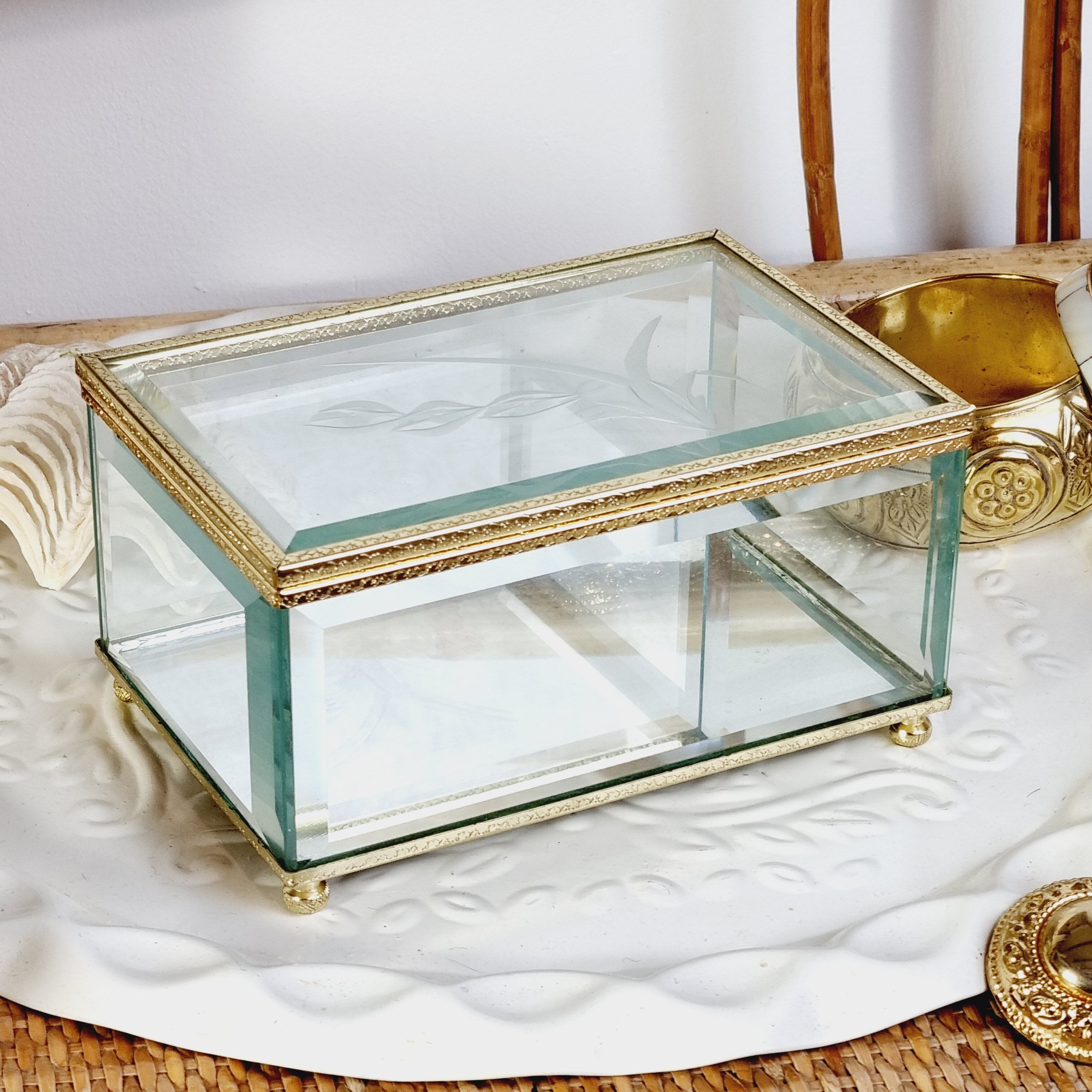 Beveled and chiseled glass and brass jewelry box