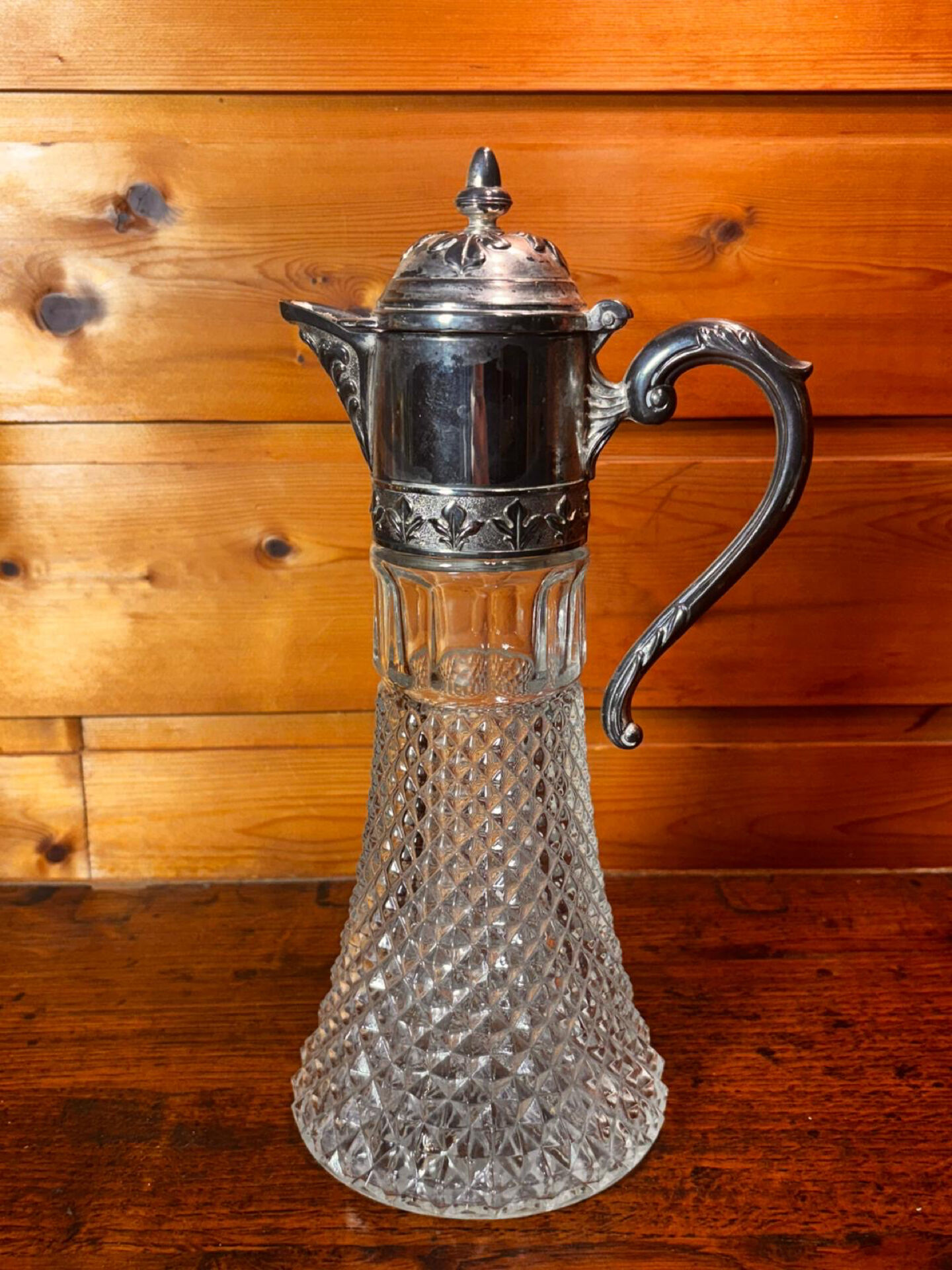 Beautiful moulded glass carafe jug, silver-plated mount, vintage.