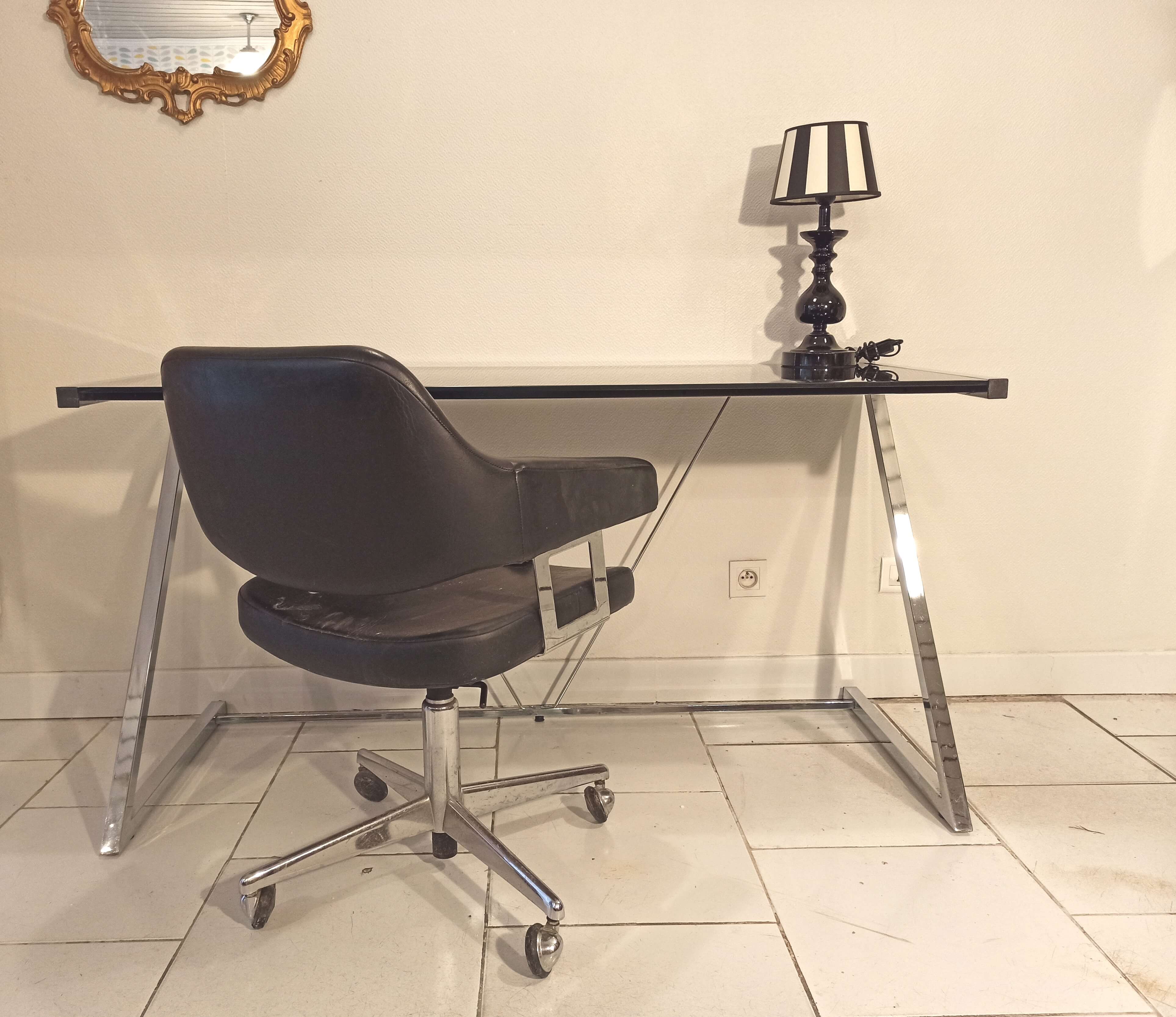Seventies desk tinted glass top and chrome base