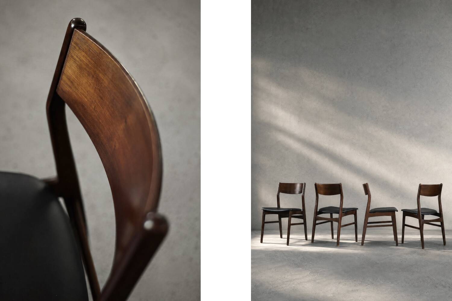 Ensemble de 4 chaises de salle à manger scandinaves modernes des années 50 en hêtre et palissandre.