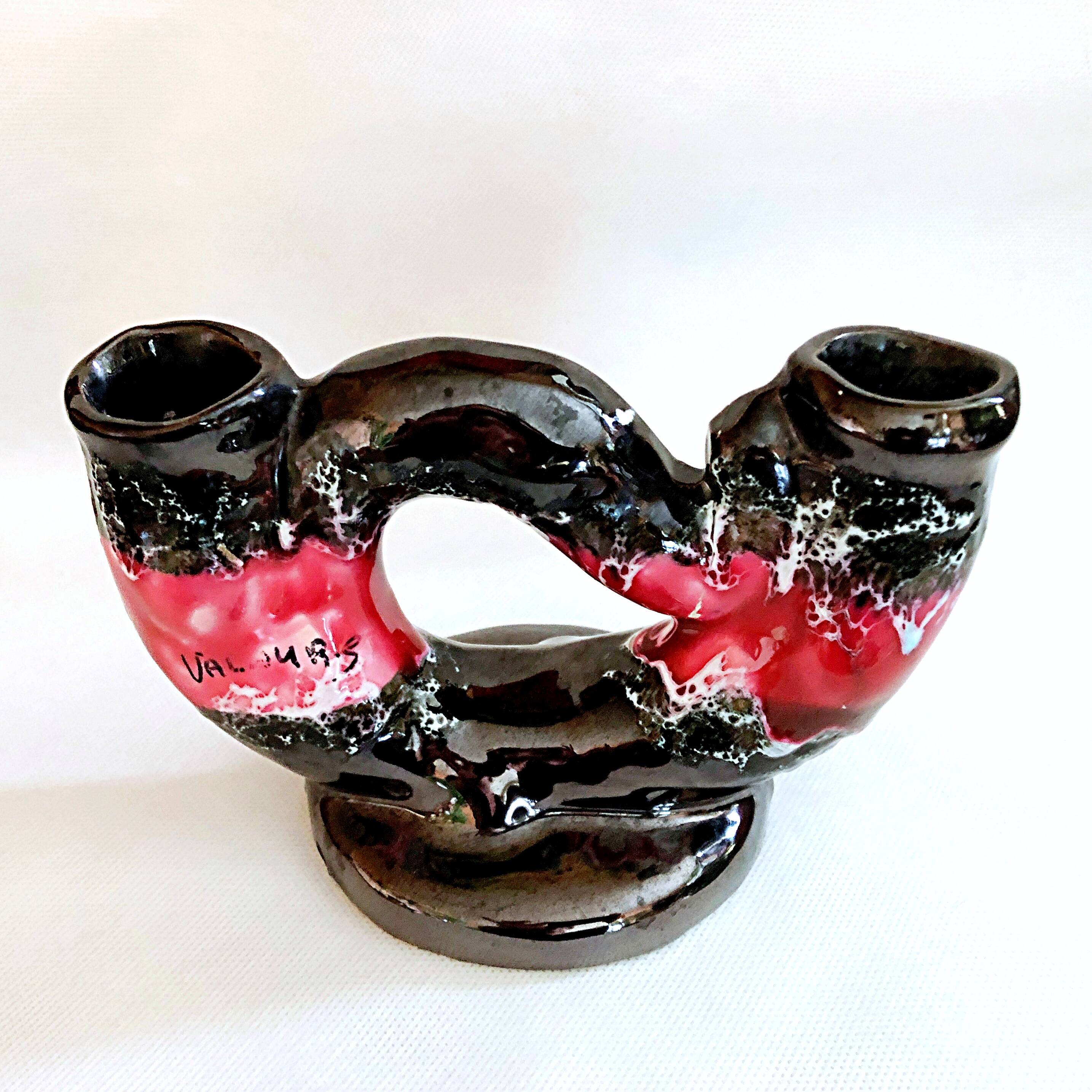 Vintage artisanal two-tone earthenware candle holder Vallauris France