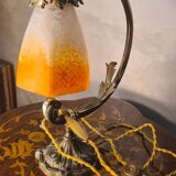 Old art nouveau bronze lamp and pretty hexagonal tulip 37x22