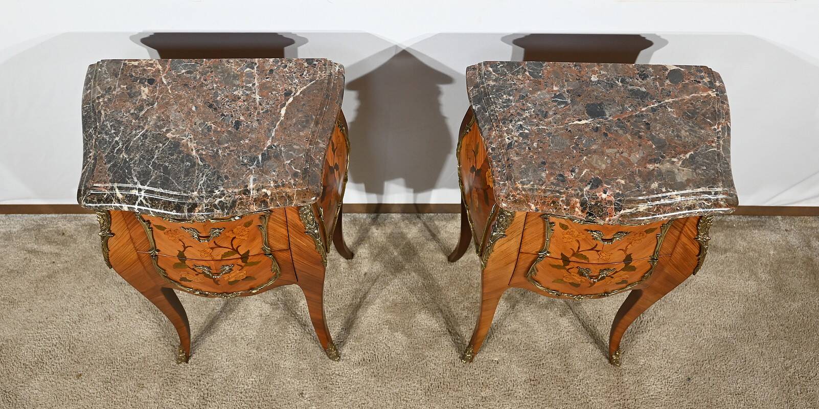 Pair of Bedside Tables in Rosewood and Marquetry, Louis XV style – Mid 20th century