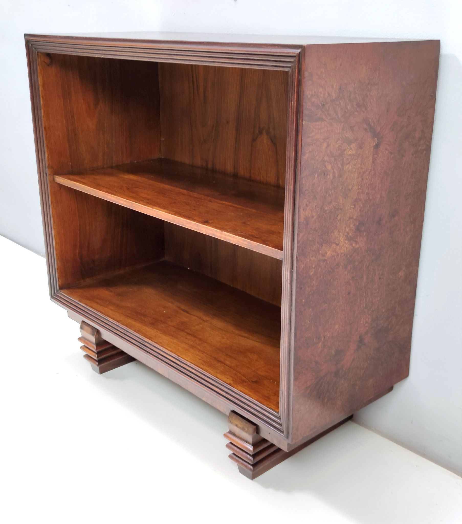 Vintage small walnut and birch root art deco bookcase, italy