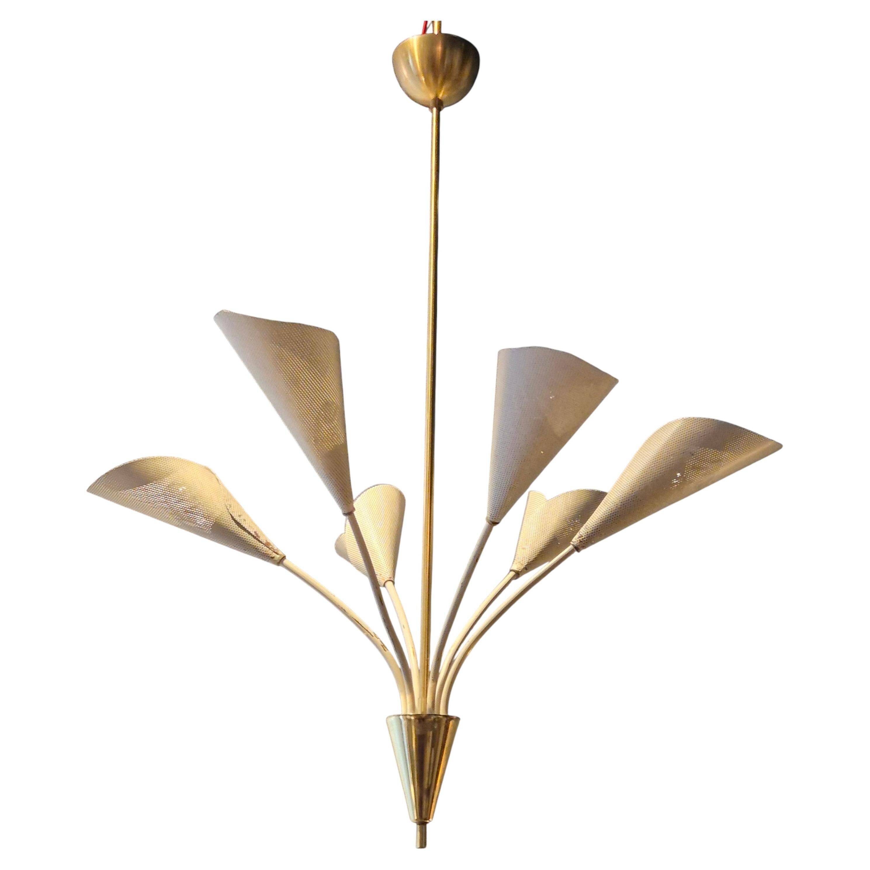 Elegant Chandelier with Six Arms, Perforated Metal Shade, Midcentury Modern