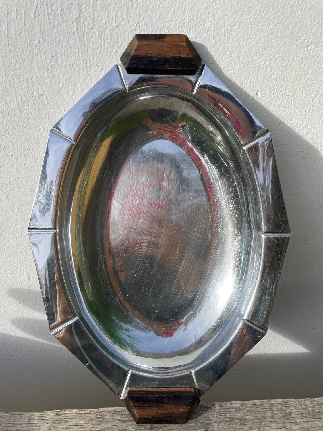 Art Deco silver-plated metal and wood dish