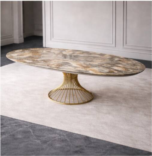 Extendable oval table in ceramic with marble effect and golden central base – Sty