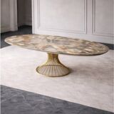 Extendable oval table in ceramic with marble effect and golden central base – Sty