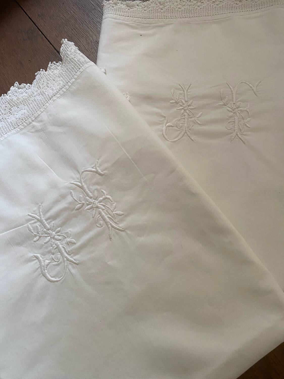 2 monogrammed JF trousseau pillowcases from the 30s.