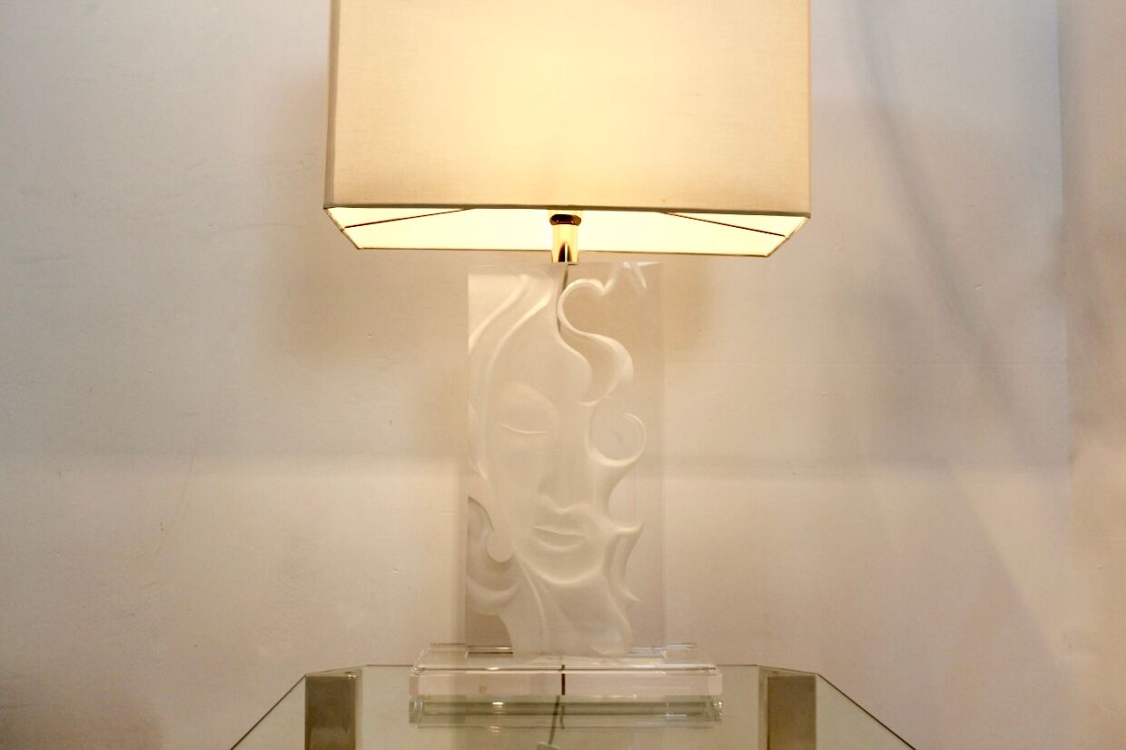 Extraordinary Mid-Century Modern Buddha Lucite and Brass Table Lamp, 1970s